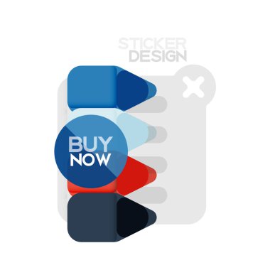 Düz tasarım üçgen ok şekli geometrik etiket simgesi, kağıt tarzı tasarım ile satın iş veya web sunumu, app veya arayüzü düğmeleri, internet web sitesi için örnek metin depolamak şimdi afiş