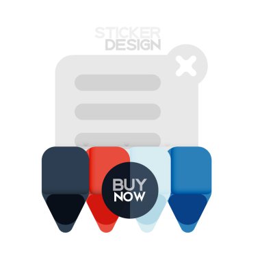 Düz tasarım üçgen ok şekli geometrik etiket simgesi, kağıt tarzı tasarım ile satın iş veya web sunumu, app veya arayüzü düğmeleri, internet web sitesi için örnek metin depolamak şimdi afiş