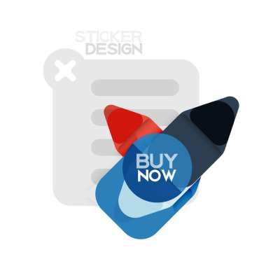 Düz tasarım üçgen ok şekli geometrik etiket simgesi, kağıt tarzı tasarım ile satın iş veya web sunumu, app veya arayüzü düğmeleri, internet web sitesi için örnek metin depolamak şimdi afiş