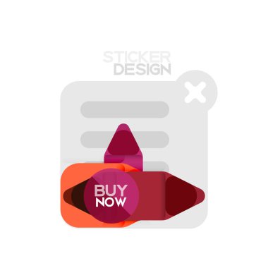 Düz tasarım üçgen ok şekli geometrik etiket simgesi, kağıt tarzı tasarım ile satın iş veya web sunumu, app veya arayüzü düğmeleri, internet web sitesi için örnek metin depolamak şimdi afiş