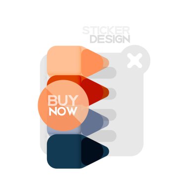 Düz tasarım üçgen ok şekli geometrik etiket simgesi, kağıt tarzı tasarım ile satın iş veya web sunumu, app veya arayüzü düğmeleri, internet web sitesi için örnek metin depolamak şimdi afiş