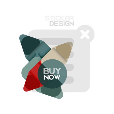 Düz tasarım üçgen ok şekli geometrik etiket simgesi, kağıt tarzı tasarım ile satın iş veya web sunumu, app veya arayüzü düğmeleri, internet web sitesi için örnek metin depolamak şimdi afiş