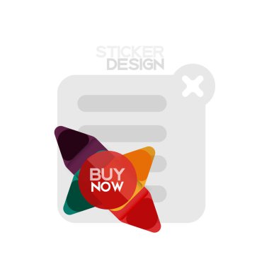 Düz tasarım üçgen ok şekli geometrik etiket simgesi, kağıt tarzı tasarım ile satın iş veya web sunumu, app veya arayüzü düğmeleri, internet web sitesi için örnek metin depolamak şimdi afiş