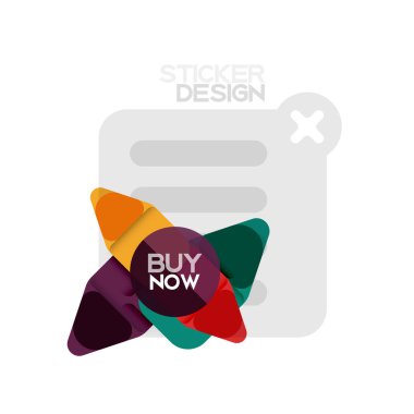 Düz tasarım üçgen ok şekli geometrik etiket simgesi, kağıt tarzı tasarım ile satın iş veya web sunumu, app veya arayüzü düğmeleri, internet web sitesi için örnek metin depolamak şimdi afiş