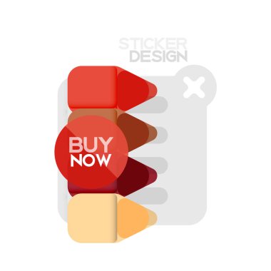 Düz tasarım üçgen ok şekli geometrik etiket simgesi, kağıt tarzı tasarım ile satın iş veya web sunumu, app veya arayüzü düğmeleri, internet web sitesi için örnek metin depolamak şimdi afiş