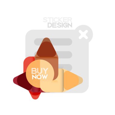 Düz tasarım üçgen ok şekli geometrik etiket simgesi, kağıt tarzı tasarım ile satın iş veya web sunumu, app veya arayüzü düğmeleri, internet web sitesi için örnek metin depolamak şimdi afiş