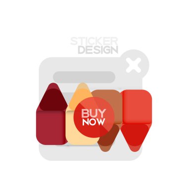 Düz tasarım üçgen ok şekli geometrik etiket simgesi, kağıt tarzı tasarım ile satın iş veya web sunumu, app veya arayüzü düğmeleri, internet web sitesi için örnek metin depolamak şimdi afiş