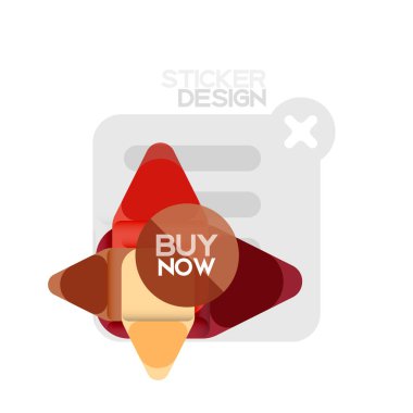 Düz tasarım üçgen ok şekli geometrik etiket simgesi, kağıt tarzı tasarım ile satın iş veya web sunumu, app veya arayüzü düğmeleri, internet web sitesi için örnek metin depolamak şimdi afiş