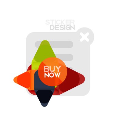 Düz tasarım üçgen ok şekli geometrik etiket simgesi, kağıt tarzı tasarım ile satın iş veya web sunumu, app veya arayüzü düğmeleri, internet web sitesi için örnek metin depolamak şimdi afiş