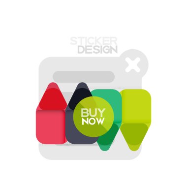 Düz tasarım üçgen ok şekli geometrik etiket simgesi, kağıt tarzı tasarım ile satın iş veya web sunumu, app veya arayüzü düğmeleri, internet web sitesi için örnek metin depolamak şimdi afiş