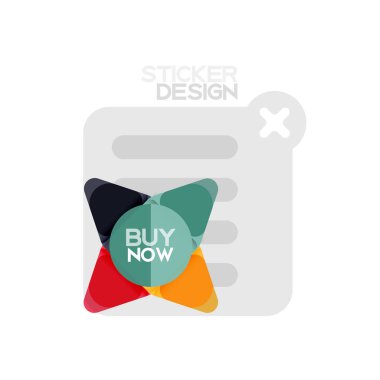 Düz tasarım üçgen ok şekli geometrik etiket simgesi, kağıt tarzı tasarım ile satın iş veya web sunumu, app veya arayüzü düğmeleri, internet web sitesi için örnek metin depolamak şimdi afiş