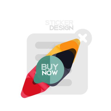 Düz tasarım üçgen ok şekli geometrik etiket simgesi, kağıt tarzı tasarım ile satın iş veya web sunumu, app veya arayüzü düğmeleri, internet web sitesi için örnek metin depolamak şimdi afiş