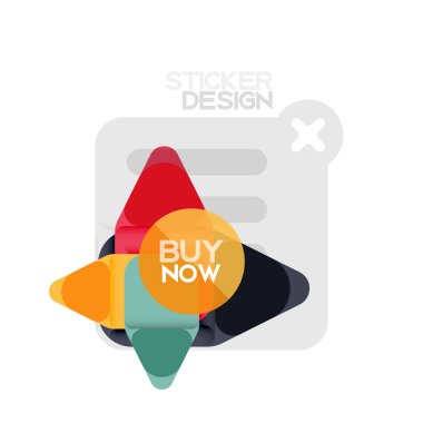 Düz tasarım üçgen ok şekli geometrik etiket simgesi, kağıt tarzı tasarım ile satın iş veya web sunumu, app veya arayüzü düğmeleri, internet web sitesi için örnek metin depolamak şimdi afiş