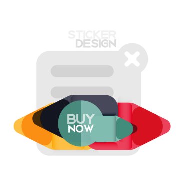 Düz tasarım üçgen ok şekli geometrik etiket simgesi, kağıt tarzı tasarım ile satın iş veya web sunumu, app veya arayüzü düğmeleri, internet web sitesi için örnek metin depolamak şimdi afiş