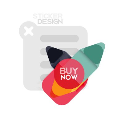 Düz tasarım üçgen ok şekli geometrik etiket simgesi, kağıt tarzı tasarım ile satın iş veya web sunumu, app veya arayüzü düğmeleri, internet web sitesi için örnek metin depolamak şimdi afiş