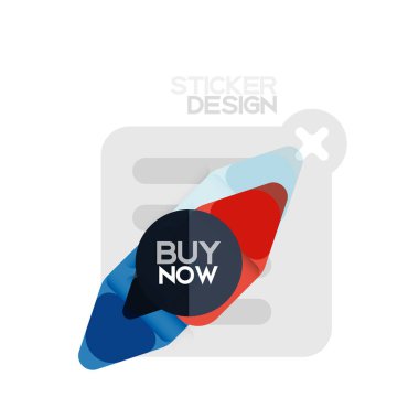 Düz tasarım üçgen ok şekli geometrik etiket simgesi, kağıt tarzı tasarım ile satın iş veya web sunumu, app veya arayüzü düğmeleri, internet web sitesi için örnek metin depolamak şimdi afiş