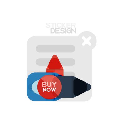 Düz tasarım üçgen ok şekli geometrik etiket simgesi, kağıt tarzı tasarım ile satın iş veya web sunumu, app veya arayüzü düğmeleri, internet web sitesi için örnek metin depolamak şimdi afiş