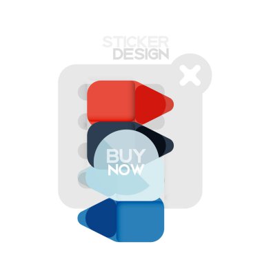 Düz tasarım üçgen ok şekli geometrik etiket simgesi, kağıt tarzı tasarım ile satın iş veya web sunumu, app veya arayüzü düğmeleri, internet web sitesi için örnek metin depolamak şimdi afiş