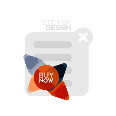 Düz tasarım üçgen ok şekli geometrik etiket simgesi, kağıt tarzı tasarım ile satın iş veya web sunumu, app veya arayüzü düğmeleri, internet web sitesi için örnek metin depolamak şimdi afiş