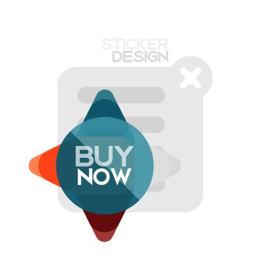 Düz tasarım üçgen ok şekli geometrik etiket simgesi, kağıt tarzı tasarım ile satın iş veya web sunumu, app veya arayüzü düğmeleri, internet web sitesi için örnek metin depolamak şimdi afiş