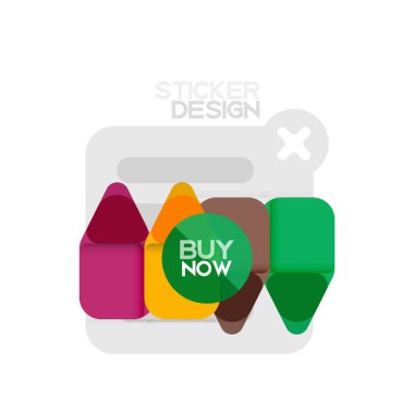 Düz tasarım üçgen ok şekli geometrik etiket simgesi, kağıt tarzı tasarım ile satın iş veya web sunumu, app veya arayüzü düğmeleri, internet web sitesi için örnek metin depolamak şimdi afiş