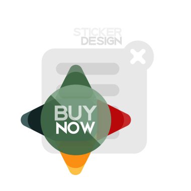 Düz tasarım üçgen ok şekli geometrik etiket simgesi, kağıt tarzı tasarım ile satın iş veya web sunumu, app veya arayüzü düğmeleri, internet web sitesi için örnek metin depolamak şimdi afiş