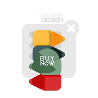 Düz tasarım üçgen ok şekli geometrik etiket simgesi, kağıt tarzı tasarım ile satın iş veya web sunumu, app veya arayüzü düğmeleri, internet web sitesi için örnek metin depolamak şimdi afiş