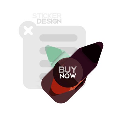 Düz tasarım üçgen ok şekli geometrik etiket simgesi, kağıt tarzı tasarım ile satın iş veya web sunumu, app veya arayüzü düğmeleri, internet web sitesi için örnek metin depolamak şimdi afiş