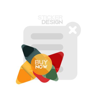 Düz tasarım üçgen ok şekli geometrik etiket simgesi, kağıt tarzı tasarım ile satın iş veya web sunumu, app veya arayüzü düğmeleri, internet web sitesi için örnek metin depolamak şimdi afiş