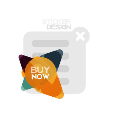 Düz tasarım üçgen ok şekli geometrik etiket simgesi, kağıt tarzı tasarım ile satın iş veya web sunumu, app veya arayüzü düğmeleri, internet web sitesi için örnek metin depolamak şimdi afiş