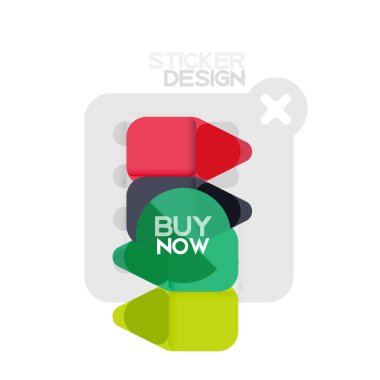 Düz tasarım üçgen ok şekli geometrik etiket simgesi, kağıt tarzı tasarım ile satın iş veya web sunumu, app veya arayüzü düğmeleri, internet web sitesi için örnek metin depolamak şimdi afiş