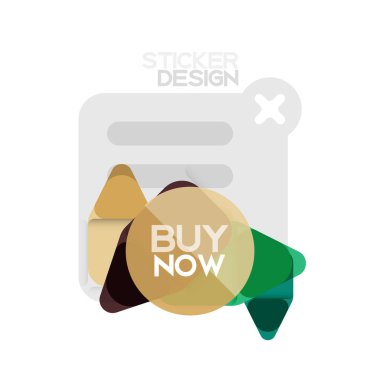 Düz tasarım üçgen ok şekli geometrik etiket simgesi, kağıt tarzı tasarım ile satın iş veya web sunumu, app veya arayüzü düğmeleri, internet web sitesi için örnek metin depolamak şimdi afiş