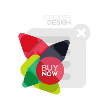 Düz tasarım üçgen ok şekli geometrik etiket simgesi, kağıt tarzı tasarım ile satın iş veya web sunumu, app veya arayüzü düğmeleri, internet web sitesi için örnek metin depolamak şimdi afiş