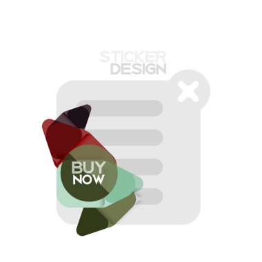 Düz tasarım üçgen ok şekli geometrik etiket simgesi, kağıt tarzı tasarım ile satın iş veya web sunumu, app veya arayüzü düğmeleri, internet web sitesi için örnek metin depolamak şimdi afiş