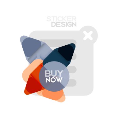 Düz tasarım üçgen ok şekli geometrik etiket simgesi, kağıt tarzı tasarım ile satın iş veya web sunumu, app veya arayüzü düğmeleri, internet web sitesi için örnek metin depolamak şimdi afiş