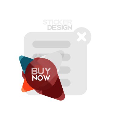 Düz tasarım üçgen ok şekli geometrik etiket simgesi, kağıt tarzı tasarım ile satın iş veya web sunumu, app veya arayüzü düğmeleri, internet web sitesi için örnek metin depolamak şimdi afiş