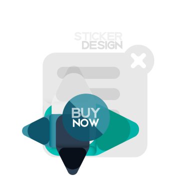 Düz tasarım üçgen ok şekli geometrik etiket simgesi, kağıt tarzı tasarım ile satın iş veya web sunumu, app veya arayüzü düğmeleri, internet web sitesi için örnek metin depolamak şimdi afiş