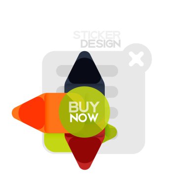 Düz tasarım üçgen ok şekli geometrik etiket simgesi, kağıt tarzı tasarım ile satın iş veya web sunumu, app veya arayüzü düğmeleri, internet web sitesi için örnek metin depolamak şimdi afiş