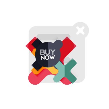 Düz tasarım çapraz şekil geometrik etiket simge, kağıt tarzı tasarım şimdi satın almak ile iş veya web sunum, app veya arayüzü düğmeleri için örnek metin