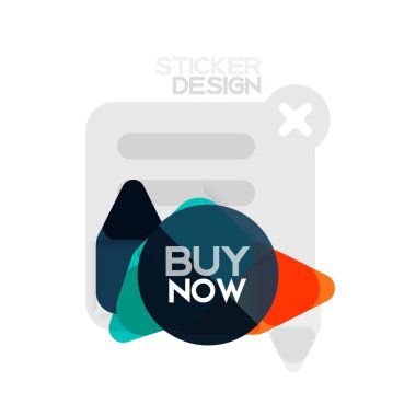 Düz tasarım üçgen ok şekli geometrik etiket simgesi, kağıt tarzı tasarım ile satın iş veya web sunumu, app veya arayüzü düğmeleri, internet web sitesi için örnek metin depolamak şimdi afiş