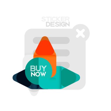 Düz tasarım üçgen ok şekli geometrik etiket simgesi, kağıt tarzı tasarım ile satın iş veya web sunumu, app veya arayüzü düğmeleri, internet web sitesi için örnek metin depolamak şimdi afiş