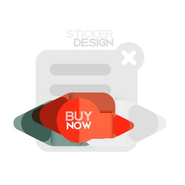 Düz tasarım üçgen ok şekli geometrik etiket simgesi, kağıt tarzı tasarım ile satın iş veya web sunumu, app veya arayüzü düğmeleri, internet web sitesi için örnek metin depolamak şimdi afiş