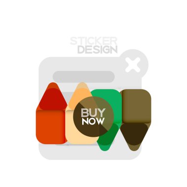 Düz tasarım üçgen ok şekli geometrik etiket simgesi, kağıt tarzı tasarım ile satın iş veya web sunumu, app veya arayüzü düğmeleri, internet web sitesi için örnek metin depolamak şimdi afiş