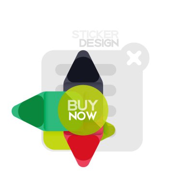 Düz tasarım üçgen ok şekli geometrik etiket simgesi, kağıt tarzı tasarım ile satın iş veya web sunumu, app veya arayüzü düğmeleri, internet web sitesi için örnek metin depolamak şimdi afiş