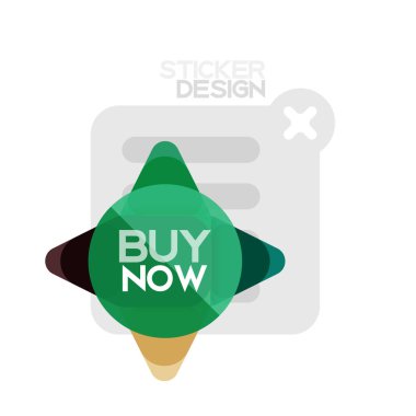 Düz tasarım üçgen ok şekli geometrik etiket simgesi, kağıt tarzı tasarım ile satın iş veya web sunumu, app veya arayüzü düğmeleri, internet web sitesi için örnek metin depolamak şimdi afiş