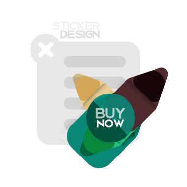 Düz tasarım üçgen ok şekli geometrik etiket simgesi, kağıt tarzı tasarım ile satın iş veya web sunumu, app veya arayüzü düğmeleri, internet web sitesi için örnek metin depolamak şimdi afiş