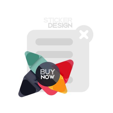 Düz tasarım üçgen ok şekli geometrik etiket simgesi, kağıt tarzı tasarım ile satın iş veya web sunumu, app veya arayüzü düğmeleri, internet web sitesi için örnek metin depolamak şimdi afiş