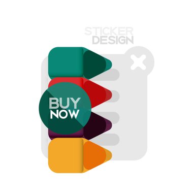 Düz tasarım üçgen ok şekli geometrik etiket simgesi, kağıt tarzı tasarım ile satın iş veya web sunumu, app veya arayüzü düğmeleri, internet web sitesi için örnek metin depolamak şimdi afiş