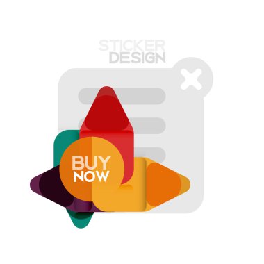 Düz tasarım üçgen ok şekli geometrik etiket simgesi, kağıt tarzı tasarım ile satın iş veya web sunumu, app veya arayüzü düğmeleri, internet web sitesi için örnek metin depolamak şimdi afiş