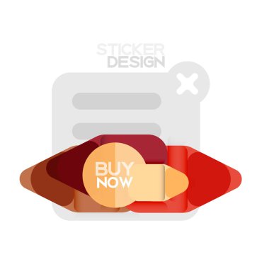 Düz tasarım üçgen ok şekli geometrik etiket simgesi, kağıt tarzı tasarım ile satın iş veya web sunumu, app veya arayüzü düğmeleri, internet web sitesi için örnek metin depolamak şimdi afiş